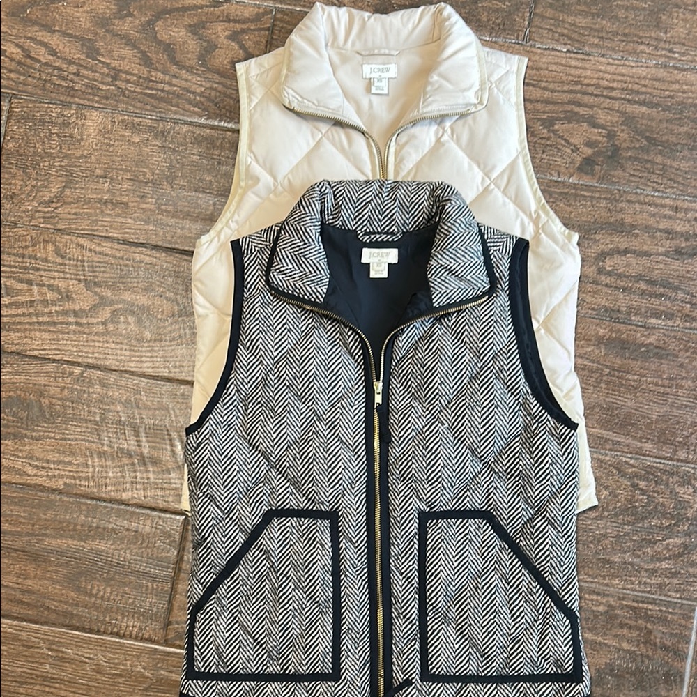 J. Crew Quilted Cream Vest & Herringbone Black-White Vest Duo